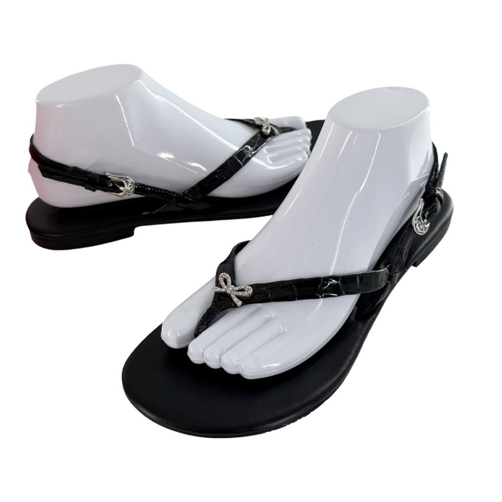 Brighton Black Patent Thong Sandals with Silver Accents